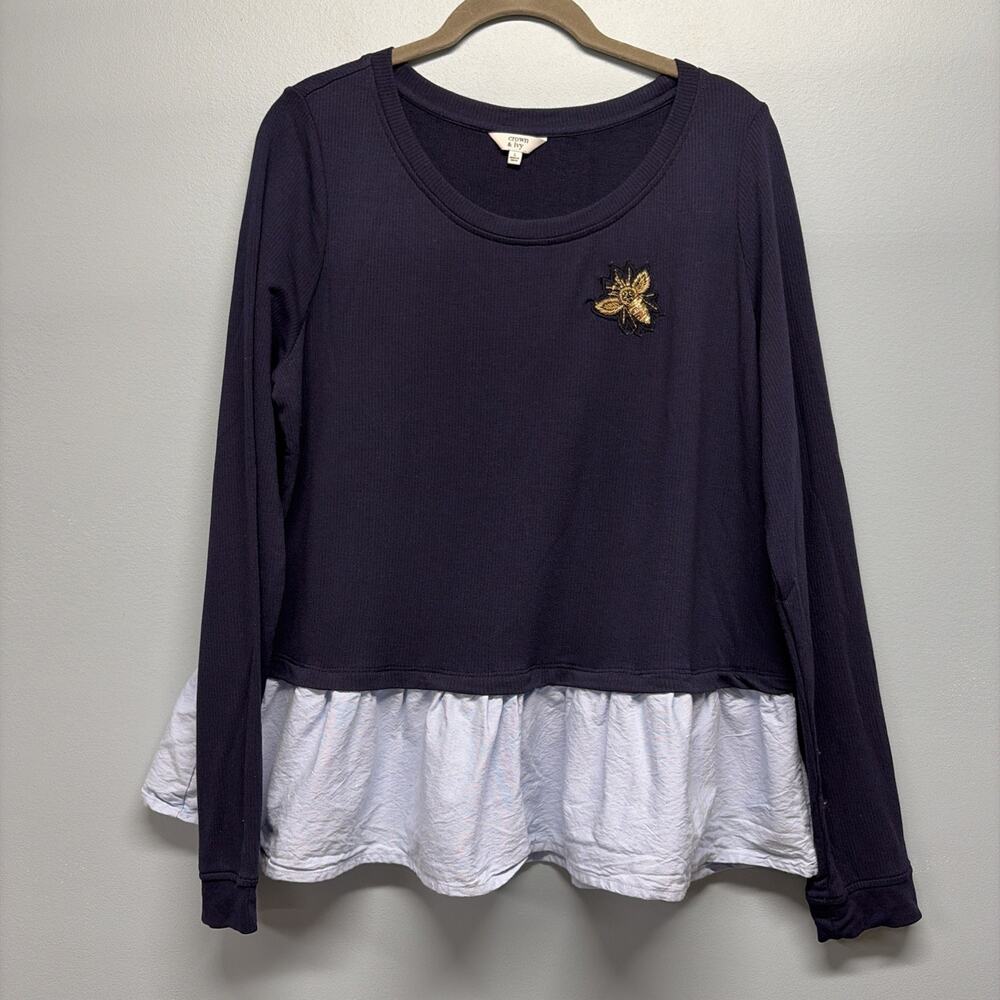 Crown & Ivy Beaded Bee Dark Blue Top w/ Lt Blue Bottom Ruffle Size L - Lagenlook
